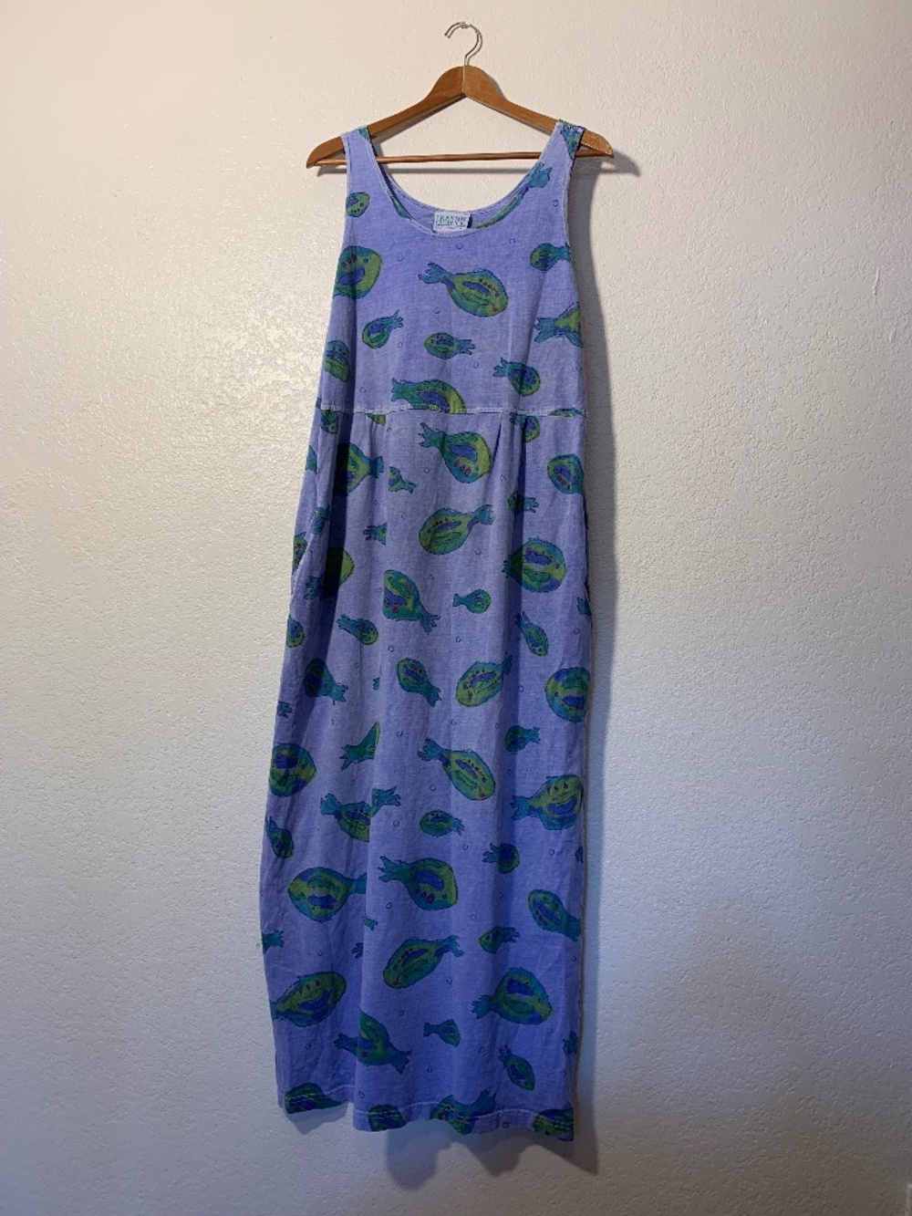 Vintage 100% Fresh Produce Watercolor Fish Vibrant Blue Maxi Dress Pockets XL